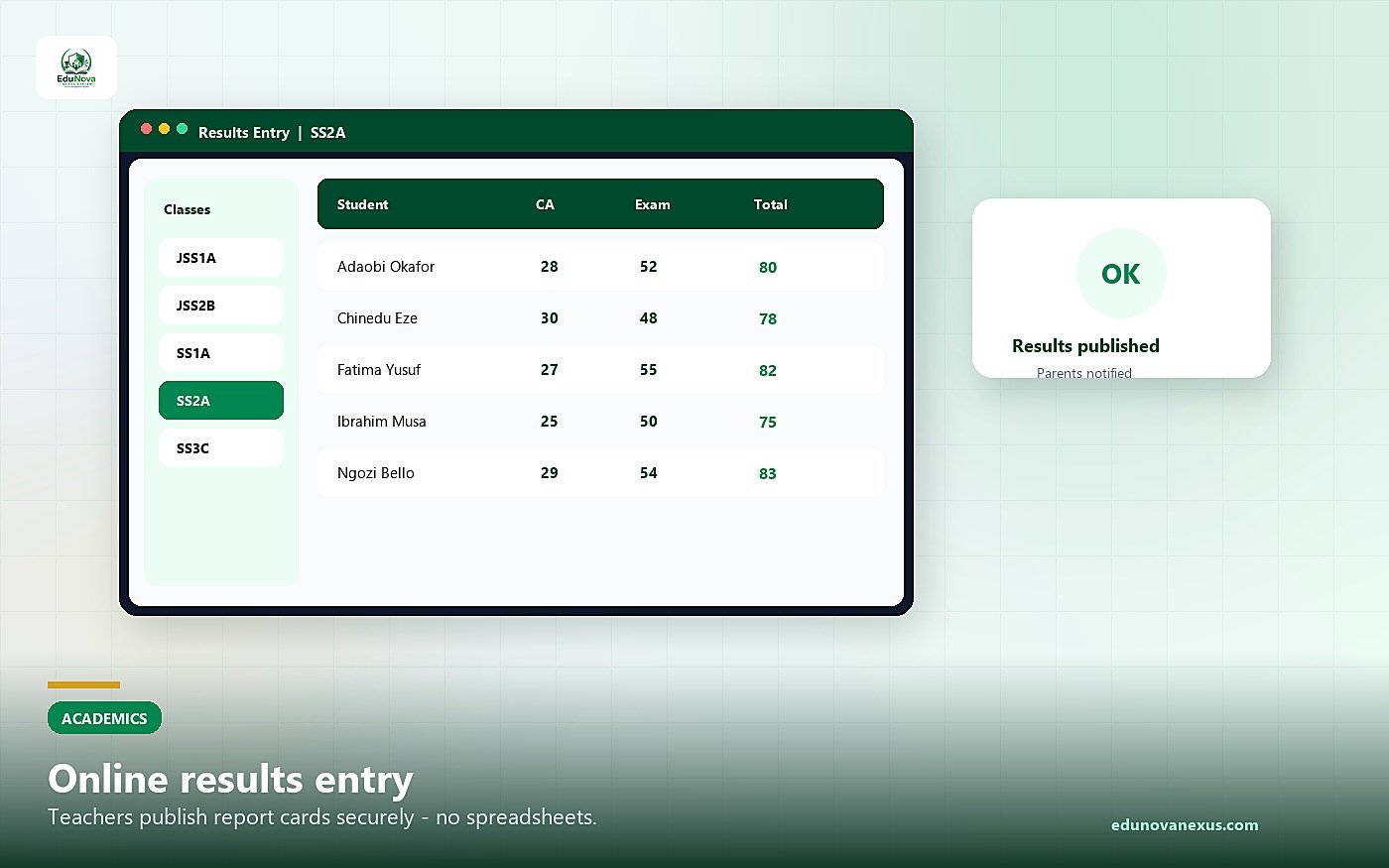 Teachers enter results online - EduNova Nexus System