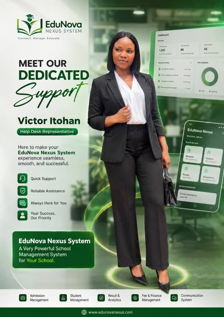 Victor Itohan - Help Desk Representative, EduNova Nexus System. Professional support for school management.